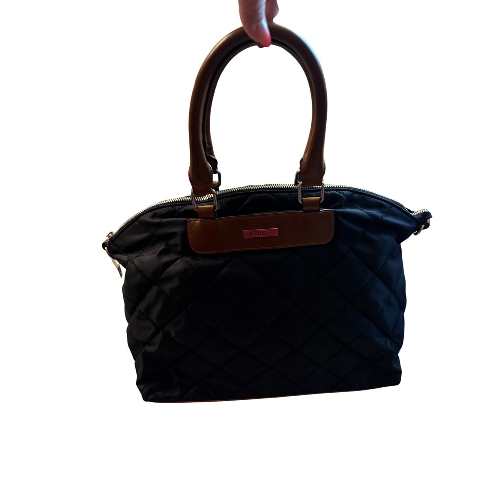 Roots 73 Quilted Nylon Satchel Bag Black Brown Trim Top Handle Handbag